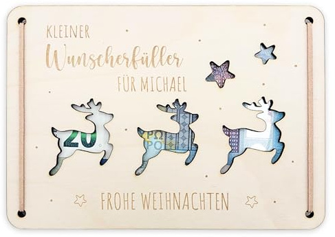 Geldgeschenk Weihnachten Wunscherfüller personalisiert Weihnachtsgeld Verpackung Weihnachtsgutschein Geschenkkarte Weihnachtskarte aus Holz 12x17 cm (Rentiere)