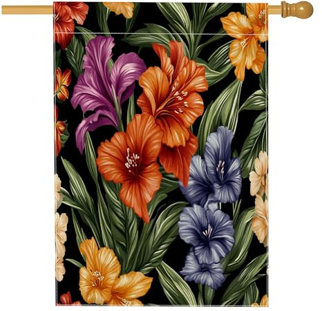 Drapeau de maison de fleurs de glaïeul printanier, 71,1 x 101,6 cm, double face pour décoration extérieure, motif floral rétro vintage pour cour, cour, pelouse, drapeau de maison, motif amusant et