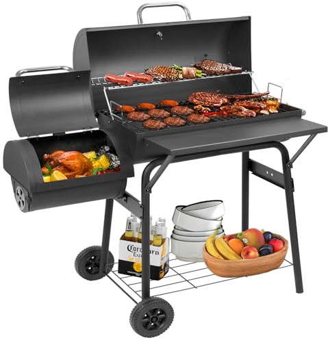 Charcoal BBQ with Offset Smoker, Barbecue Barrel Grill for Backyard, Patio | Kendane Oil-Drum Charcoal Barrel BBQ Grill with Side Shelf & Offset Smoker, Suitable for Backyard, Patio, Camping and Picnics