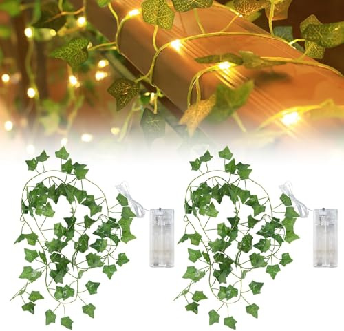 Stalora Lot de 2 Guirlandes Lumineuses Lierre 2m avec LEDs, Guirlande Décorative Feuilles Vertes - Alimenté par Piles pour Décoration Intérieur, Chambre, Mariage, Fête - Ambiance Romantique