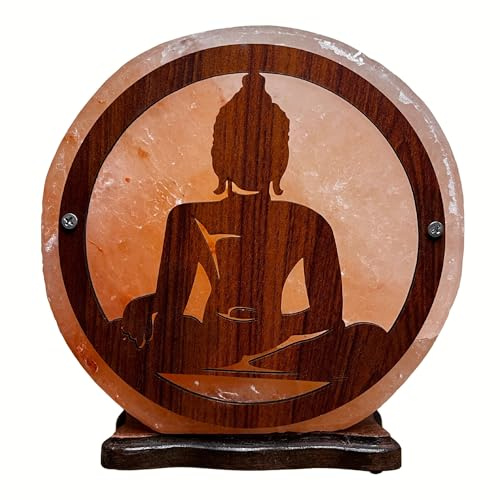 LAMARE Punjab Pakistan-Salzlampe – 20 x 22 x 10 cm – Mit Holzsockel, Kabel und Leuchtmittel im Lieferumfang enthalten – Handgefertigt (Buddha)