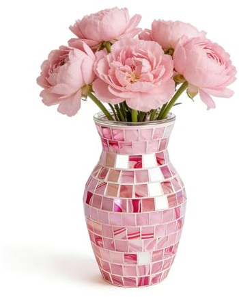 Söt rosa vas, rosa glasvas 20 cm, modern boho blomvas med högglansig finish, dekorativ vas, 10 cm öppning för bord, vardagsrum, fönsterbräda, söt rosa designvas