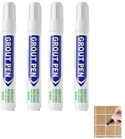 QLK 4 Pack White Grout Pen, Waterproof Tile Grout Refresher with Fine Tip, Mold-Resistant Paint Marker for Restoring Discoloured Joints in Bathroom, Kitchen and Floor Tiles
