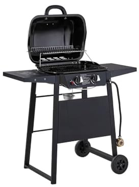 ZRIZAURA Uniflame SteeL 2 Burner Gas BBQ Grill 5.8kW Outdoor Barbecue with Wheels 1723cm² Cooking Area with Side Shelves Warming Rack Porcelain Enamel Grill 14 Burger Capacity