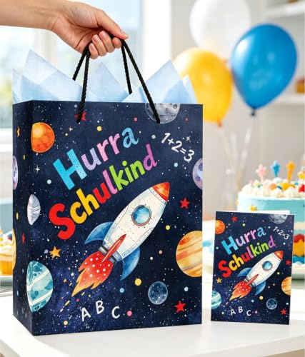 Geschenktüte Einschulung Junge, Geschenktüten mit Schulanfang Karte, Geschenke zur Einschulung Geschenkverpackung mit Henkel Geschenkpapier Papiertüten - Hurra Schulkind