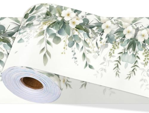 PRESSINART Bordure de Papier Peint Autocollant à Motifs D'Eucalyptus 196.9 x 3.9 Pouce en Feuilles Vertes en PVC Décorative pour Encadrement de Miroir pour Salle de Bains Cuisine Dosseret Hôtel