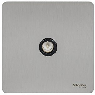 Schneider Electric - Piastra piatta, senza viti, con presa singola per il cavo coassiale TV/FM, acciaio INOX con inserto nero, standard inglese