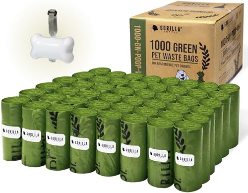 GORILLA SUPPLY Dog Poop Waste Bags with Dispenser and Leash Tie, 9 x 13, Green, 1000 Count