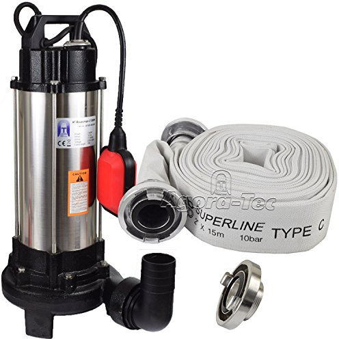 Agora-Tec® Bau-, Abwasser- und Schmutzwasserpumpe C 1300W (mit Schneidwerk) mit 15 Meter C-Schlauch und STORZ Kupplung