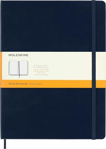 Moleskine Classic Notebook, Taccuino a Righe, Copertina Rigida e Chiusura Elastica, Formato XL 19 x 25 cm, Colore Blu Zaffiro, 192 Pagine