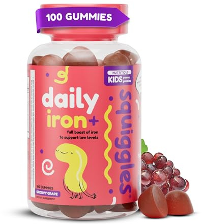 Squiggles Kids Daily Iron+ Gummies - Chewable Supplement with Iron, Multivitamin for Children, Low Sugar, Vegan, Toddler Gummies, Yummy Grape Flavor (100 Count)