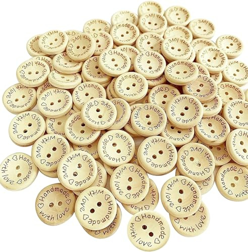 Lot de 100 boutons en bois naturel fait main avec amour - 20 mm - Forme ronde