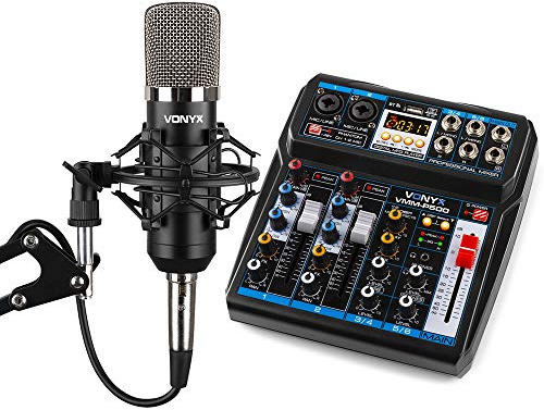 Vonyx Podcast Kit with VMM-P500 4-Channel USB Audio Mixer, CMS400 Condenser Studio Microphone Set, Boom Arm & Pop Filter for Podcast Gaming Streaming Broadcast & Home Studio Recording