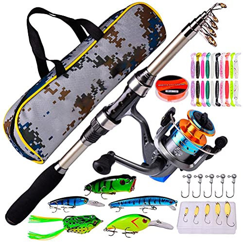 VOUNEDA Angelgerät Set, Teleskop Angelrute Reel Combo Set, Multifunktionales Angelrute Angeln Spinnrolle Kampfset mit Angelrolle Angelköder Set Angelzubehör mit Tragetasche