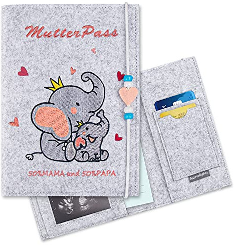 Mutterpasshülle aus Filz, Elefanten Stickmuster mit Fächern zur Aufbewahrung von Mutterpass, Ultraschallbildern und Impfpass usw,Süßes Geschenk für Schwangerinen und Zukunftige Mütter(Hellgrau)