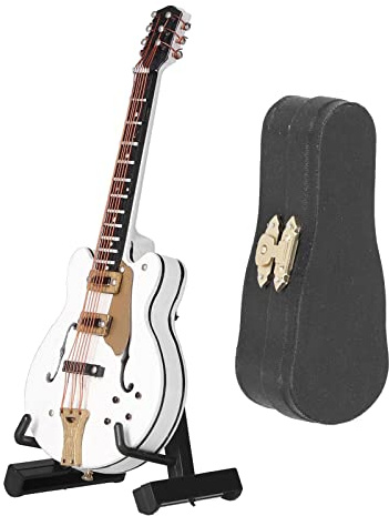 Miniatur-Gitarrenmodell mit Ständer und Koffer, Weißes Puppenhaus-Musikinstrument Miniatur-Gitarren-Replik für Heimtextilien