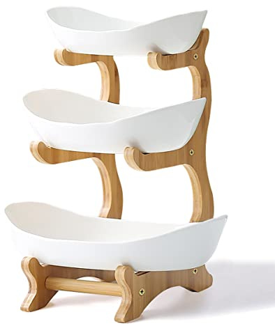 Liywall - 3 Tier Ceramic Fruit Bowl With Bamboo Wood Stand for Kitchen Counter,Porcelain Fruit Basket for Vegetable Storage,Snack Dessert Cake Tray Plate Rack for Party Wedding - White