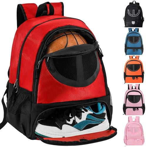 Basketball Bag Backpack for Men Women with Ball & Shoes Compartment 30L Capacity Lightweight Breathable Boys Girls Soccer Ball Bag Backpack Fit Volleyball Football Sports Travel School Gym Red
