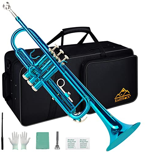 EASTROCK Bb Trompeta estándar, instrumento de trompeta de latón con estuche duro, guantes 7C, boquilla, kit de limpieza para estudiantes (azul marino)