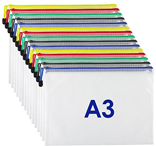KTRIO Plastic Wallets Document Wallet, 15PCS A3 Mesh Document File Folders Pouch Zipper Bags, A3 Zip Bag Zipped Wallets Ziplock Bags for School Office Supplies, Travel Accessories