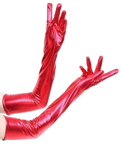 JIAHG Damen Lackleder Lange Handschuhe Mode Sexy Cosplay Kostüm Fingerhandschuhe Fingerlos Abendhandschuhe 52 cm (Rot)