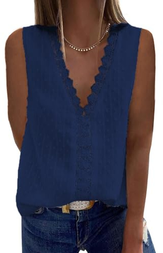 Coloody Femme Tee Shirt Dentelle Col en V, sans Manches Loisirs D'été Tunique en Jacquard en Dentelle Blouse Amples Caraco en Dentelle Gilet Tops Chemisiers à La Mode-Bleu foncé-XXL