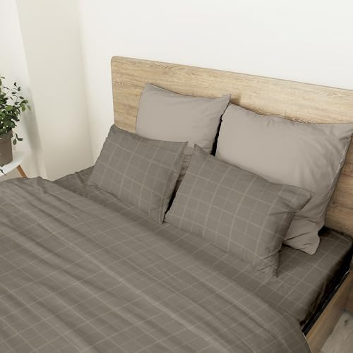 Ruggeri Set Lenzuola Completo Letto Matrimoniale in Raso, Quadri Tortora | 1 lenzuolo sopra 250x290 cm, 1 lenzuolo con angoli 170x200 cm alto 25 cm e 2 federe 50x80 cm con chiusura a sacco di 20 cm