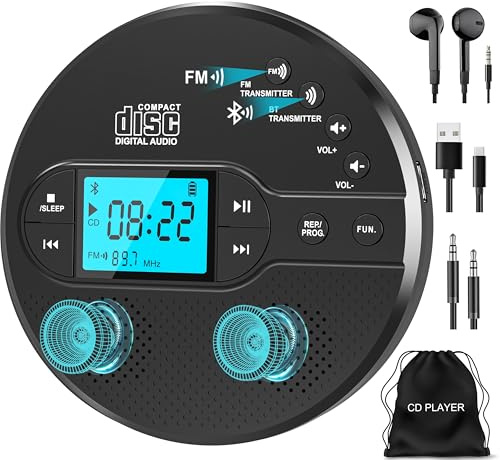 Sunoony Portable CD Player with Bluetooth, Walkman CD Player with FM Transmitter and Speakers for Car, Rechargeable Discman with Anti-Skip Protection, Headphones, LCD Display (Black)