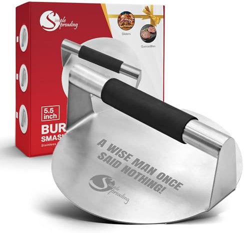 Simple preading Extra-Wide Stainless Steel Burger Press - 5.5' Inch Smasher One Cast for Griddle, Grill & Flat Top. Kitchen & BBQ Tool. Anti-Scald Handle. Perfect for Bacon, Meat & Funny Sentences