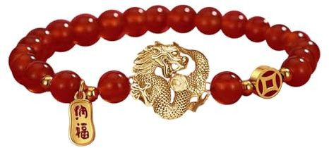 Wilitto Bracelet avec symbole de richesse - Bracelet dragon chinois 2024 - Bracelet extensible avec perles porte-bonheur - Cadeau pour femme - Cadeau de Nouvel An