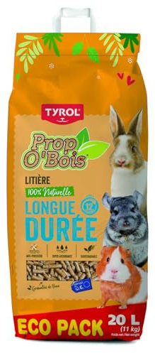 Tyrol | Litière Petits Animaux PROP'O BOIS 20L | Litière Biodégradable et Super Absorbante à Granulés de Bois | Litière Lapin, Cochon d'Inde, Hamster, Souris, Cobaye | Jusqu'à 6 Semaines d'Utilisation