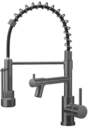 Warmiehomy Professional Kitchen Tap,360° Swivel Dual Spouts Kitchen Sink Taps with Pull Out Sprayer,High Arc Spring Mixer Tap for Sink,Dark Grey