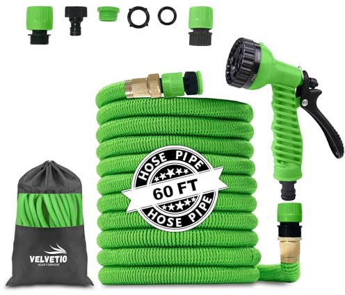VELVETIO Expandable Strong Garden Hose Pipe 60FT, 7 Function Nozzle Spray Gun with 3/4 1/2 1 Leakproof Connector, 4 Layer Latex Core No Kink Flexible Hose for Outdoor & Car Wash, Green