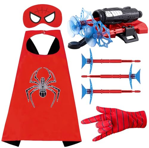 Heartsking Web Shooter, 7 Stück Netzwerfer Kinder Launcher Handschuhe Launcher Spielzeug mit Cosplay Glove Launcher, Umhang und Augenbinde Geschenk für Kinder