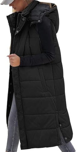 Vancavoo Chaleco Largo Mujer Invierno Chaleco Acolchado con Capucha Abrigo sin Mangas y Cremallera Abrigo de Cálidos on Bolsillos(Negro,S)