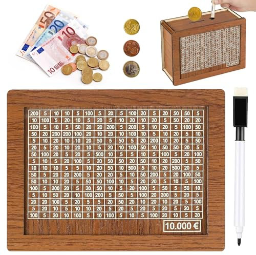 Hucha Retro Retro Hucha de Madera con Contador Caja de Ahorros de Madera Caja de Dinero con Objetivo Ahorro y Números para Marcar con bolígrafo Ayuda a los niños a Ahorrar el hábito (10000€)