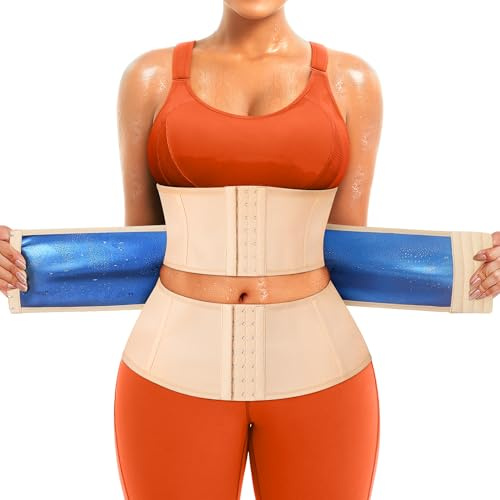 TrainingGirl Corsé de entrenamiento para mujer, faja reductora de cintura, faja deportiva para sauna, faja para el vientre, faja para el estómago, Interior beige-azul, XXL