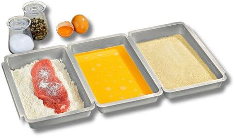 3 PAGEN Set di 3 vaschette per panier, colore argento, set da 3 pezzi, ciotole per impanatura, 27 x 16 x 3,5 cm, per carne, pesce e verdure, impilabili, senza BPA, in plastica