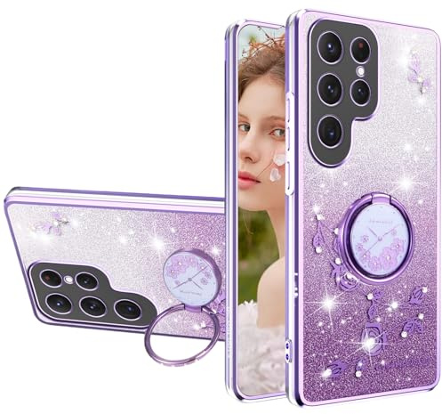 Fofvccv for Samsung Galaxy S25 Ultra Glitter Cute Bling Flowers Case for Women Girls, Soft Silicone Crystal Clear Floral Design with Ring Stand for Samsung S25 Ultra 5G, YSH Purple