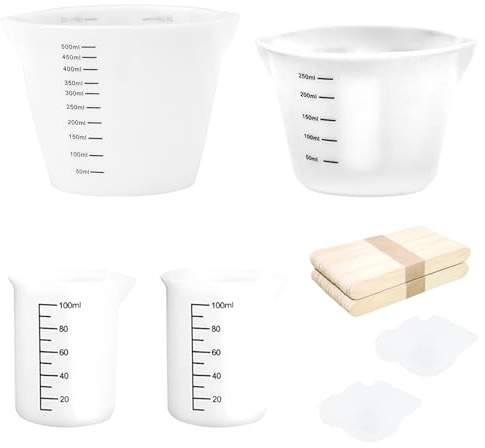 Ksvaye 6 Piezas Tazas Medidoras de Silicona Jarra Medidora Vasos Medidores de Silicona con Escala 500ml/250ml/100ml/10ml Vaso Medidor Resina Epoxi y 50 Palos de Madera para Laboratorio Cocina