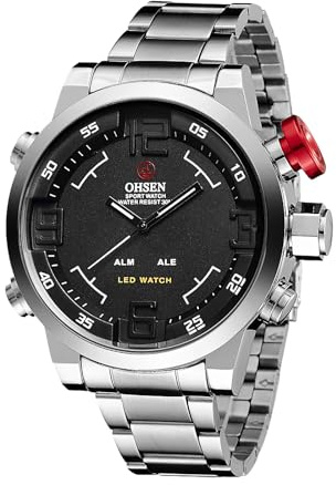 JewelryWe Herrenuhr Digital Quarz Uhr 30m Wasserdicht Analog Armbanduhr Digitaluhr Herren Edelstahl Armband Groß Militär Sport Uhr mit 12/24H Anzeige, LED Licht, Kalender, Chronograph, Alarm