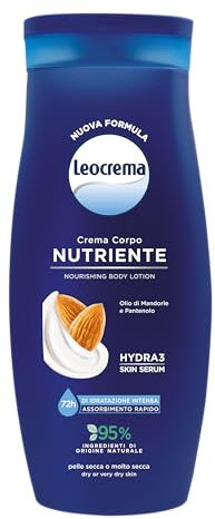 Leocrema Crema Corpo Nutriente, per Pelli Secche e Disidratate, con Olio di Mandorle e Pantenolo, Crema Corpo Idratazione per 72 ore, 250ml