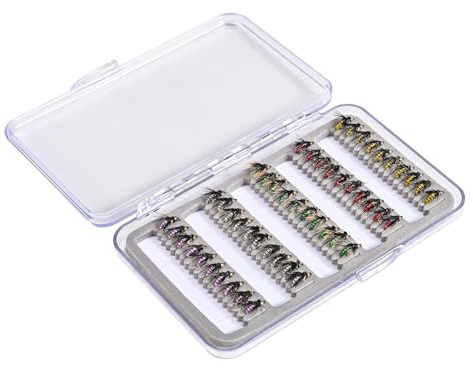 Set di 50 esche artificiali per pesca a mosca con scatola di immagazzinaggio, trote, gancio per per basso, pesci, attrezzature per attività all'aperto