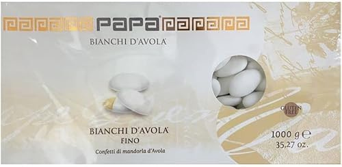 CONFETTI PAPA Mandorla Italiana di AVOLA linea Fino Bianco - Confezione da 1 KG Avola pelata e finissima di calibro: 35/36 Ideali per le cerimonie -