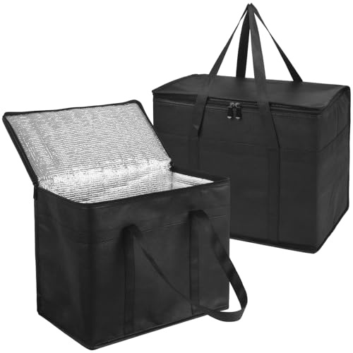 FUNSUEI 2 PCS Medium Cool Bags, 30L Black Insulated Thermal Bags for Hot or Cold Food Delivery, Picnic, Travel