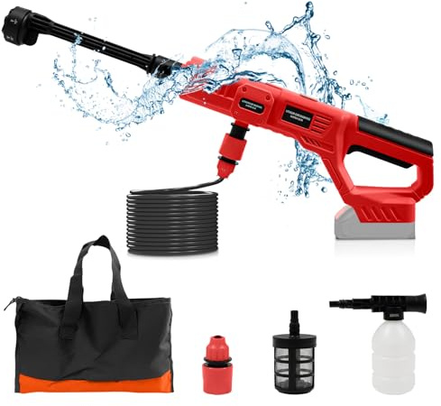 Roadtime Limpiador de Alta presión inalámbrico para Milwaukee batería,Pistola de Limpieza portátil con línea de Agua de 5 m,Hidrolimpiadora con Boquilla 6 en 1 para Coches, Patios(sin batería)