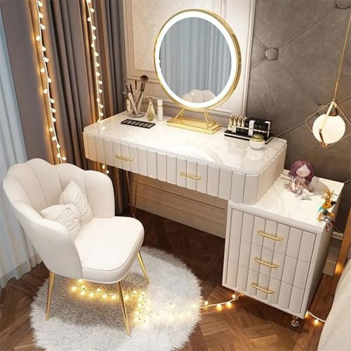 AnYaBinni Tavolo da Toeletta con Specchio LED, 3 Colori Luci Regolabili, Moderno Toilette Trucco con 5 Cassetti, Sedia in Velluto con Schienale per Camera da letto, 80/100 * 40 * 76 cm