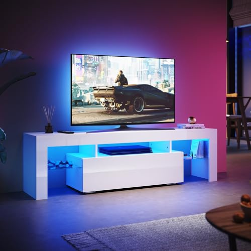 SUNXURY TV Schrank 160cm mit LED Beleuchtung TV Board Weiss Lowboard mit Glasregal Fernsehtisch 160 x 45 x 35 cm (B/H/T)