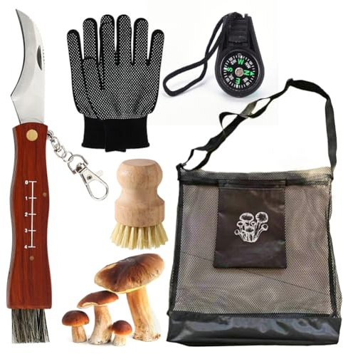 DASIAUTOEM Pilzmesser mit Bürste, Tasche für Pilzsammler, Edelstahl Taschenmesser Klappmesser, Pilzsammeltasche, Handschuhe, Kompass, Pilzbürste, Schwammerlmesser für Pilzsammler