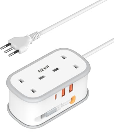 UK to Italy Plug Adapter with 1.5M Extension Cable, BEVA 2 Way 3 USB (2A+1C) Italian Travel Adapter with Retractable USB C Cable for Chile Ethiopia Libya Syria Tunisia Uruguay (Type L)